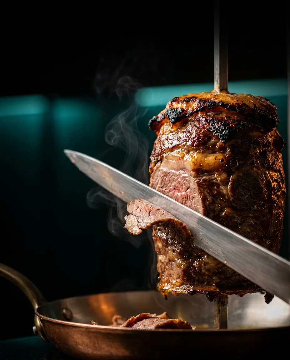 Wagyu beef shawarma carved off the vertical spit, steam rising under warm light