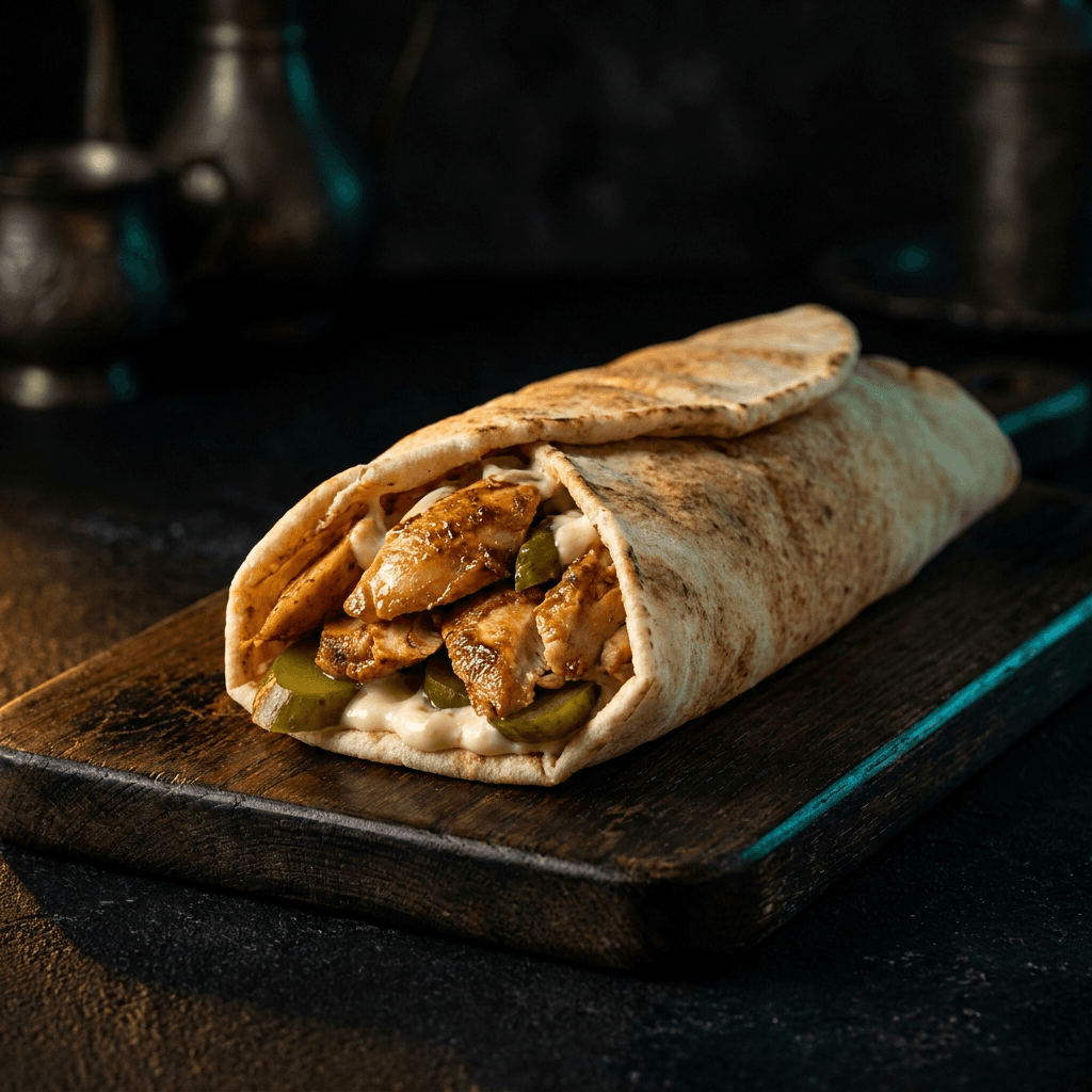 Chicken shawarma wrap on a wooden board beside the spit